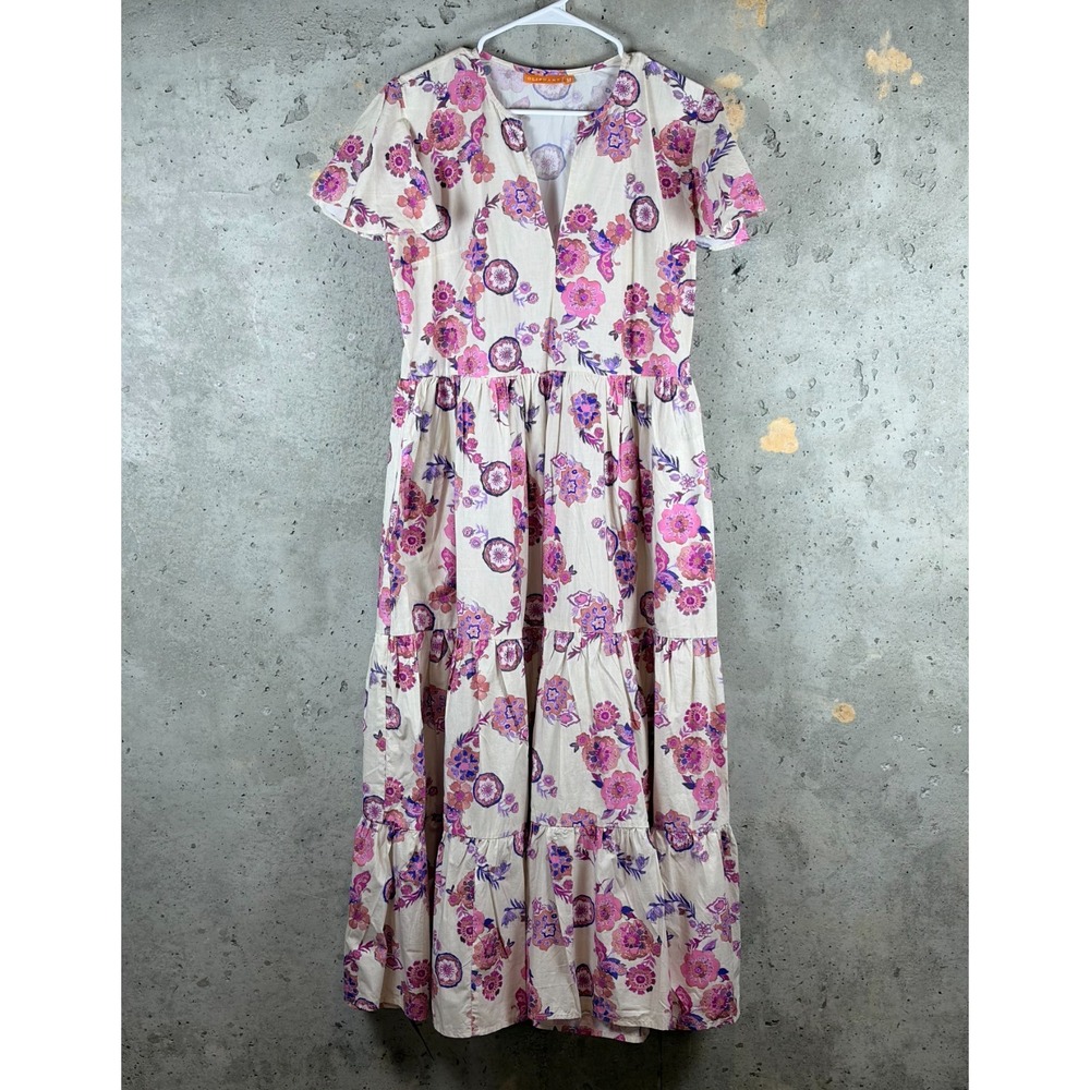Oliphant Tiered Maxi Dress Womens Medium Beige Pink Floral Cotton Short Sleeve